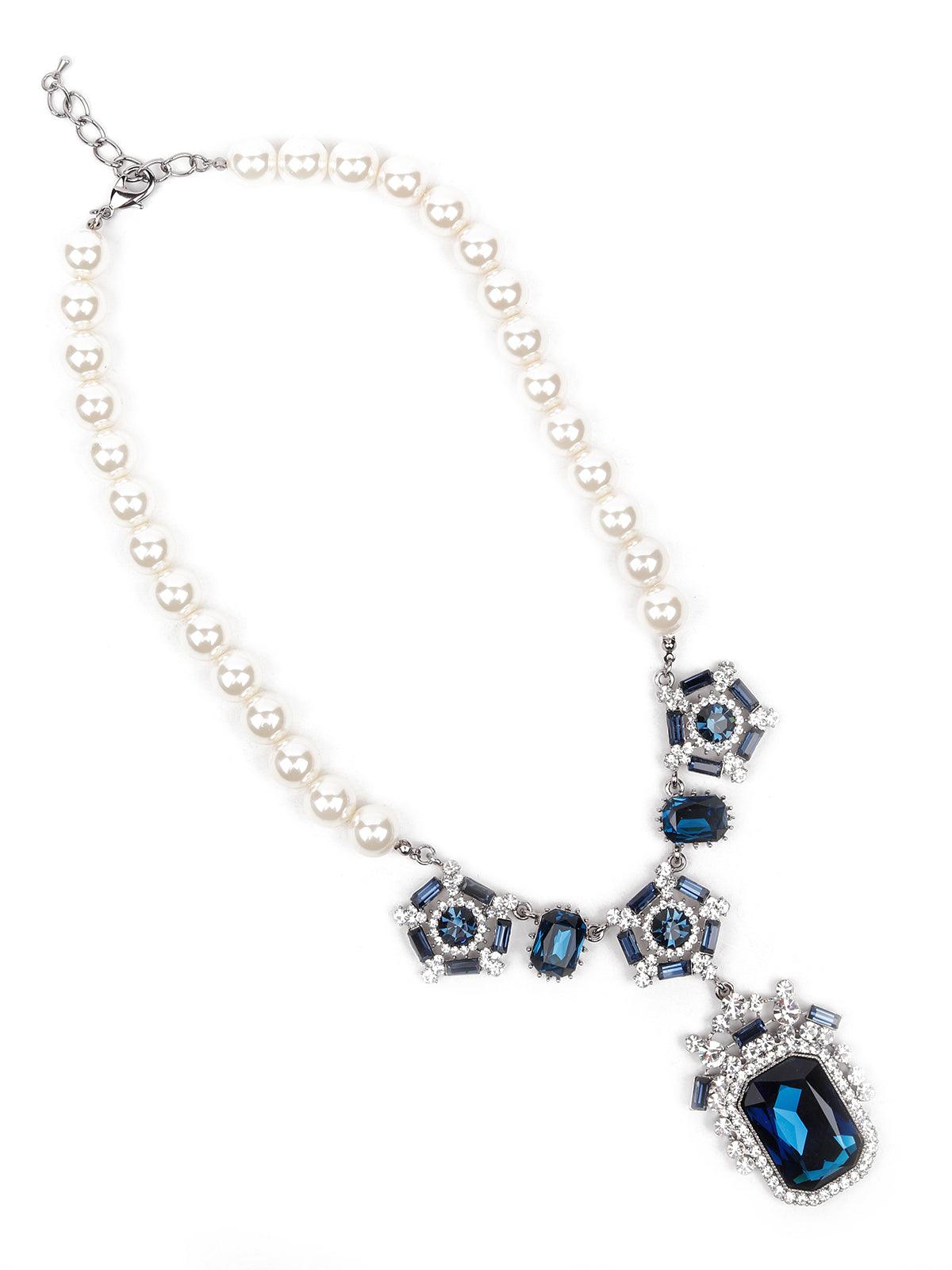 Women's Blue Crystal Pearl Pendant Necklace - Odette