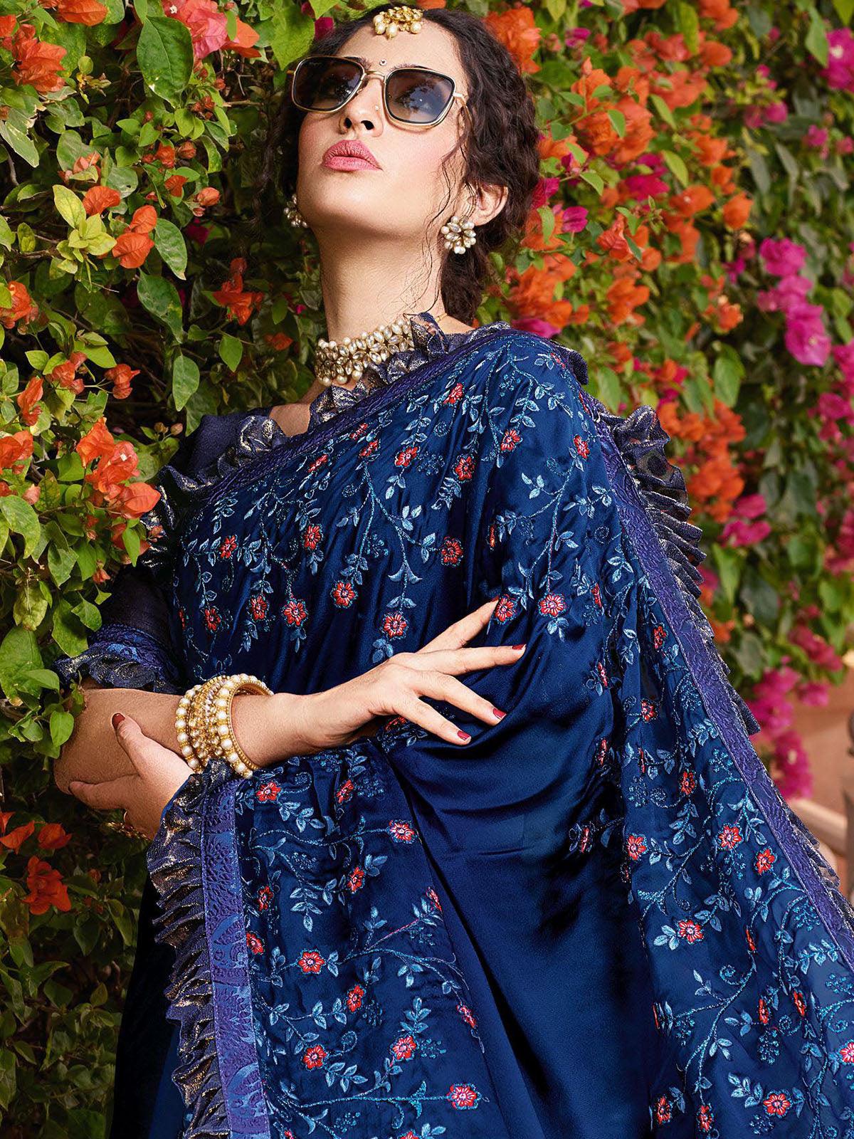 Women's Blue Designer Art Silk Heavy Embroidered Saree - Odette