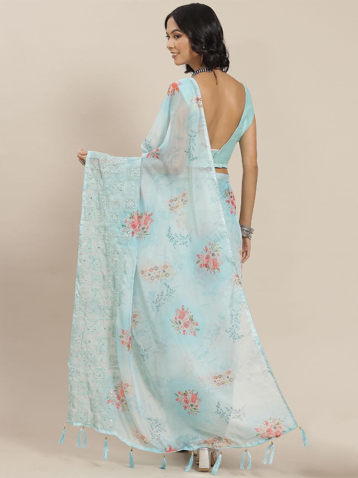 Women's Blue Designer Silk Blend Embroidered Saree - Odette