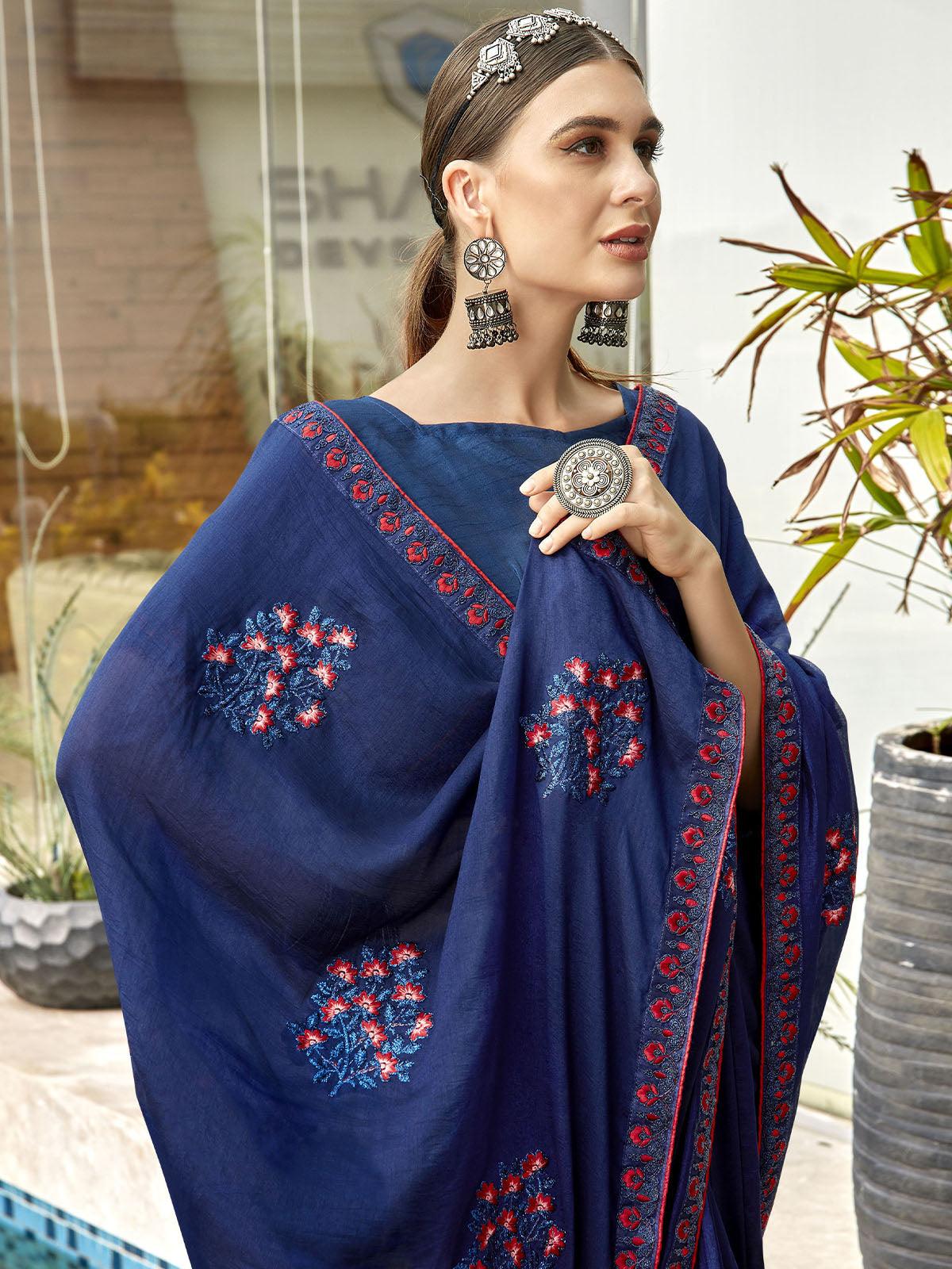 Women's Blue Designer Thread Embroidered Saree - Odette