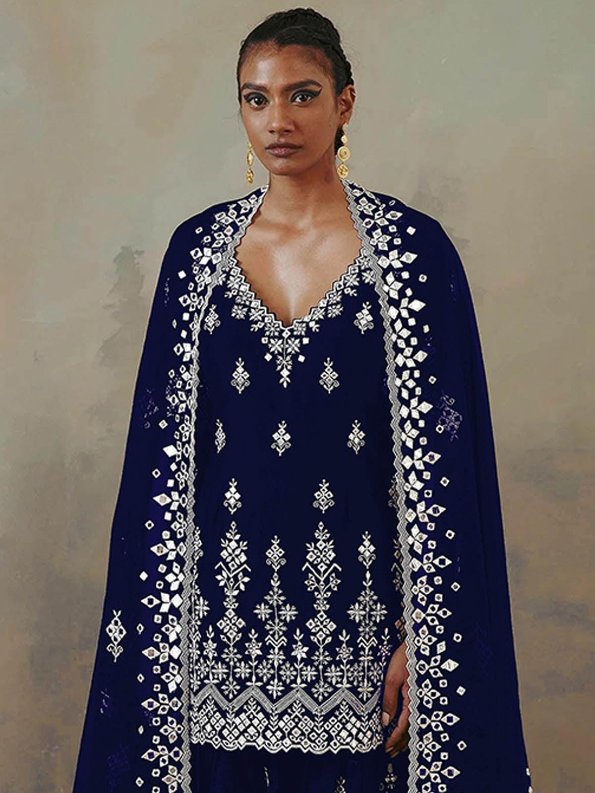 Women's Blue Embroidered Kurta- Sharara Set  - Odette