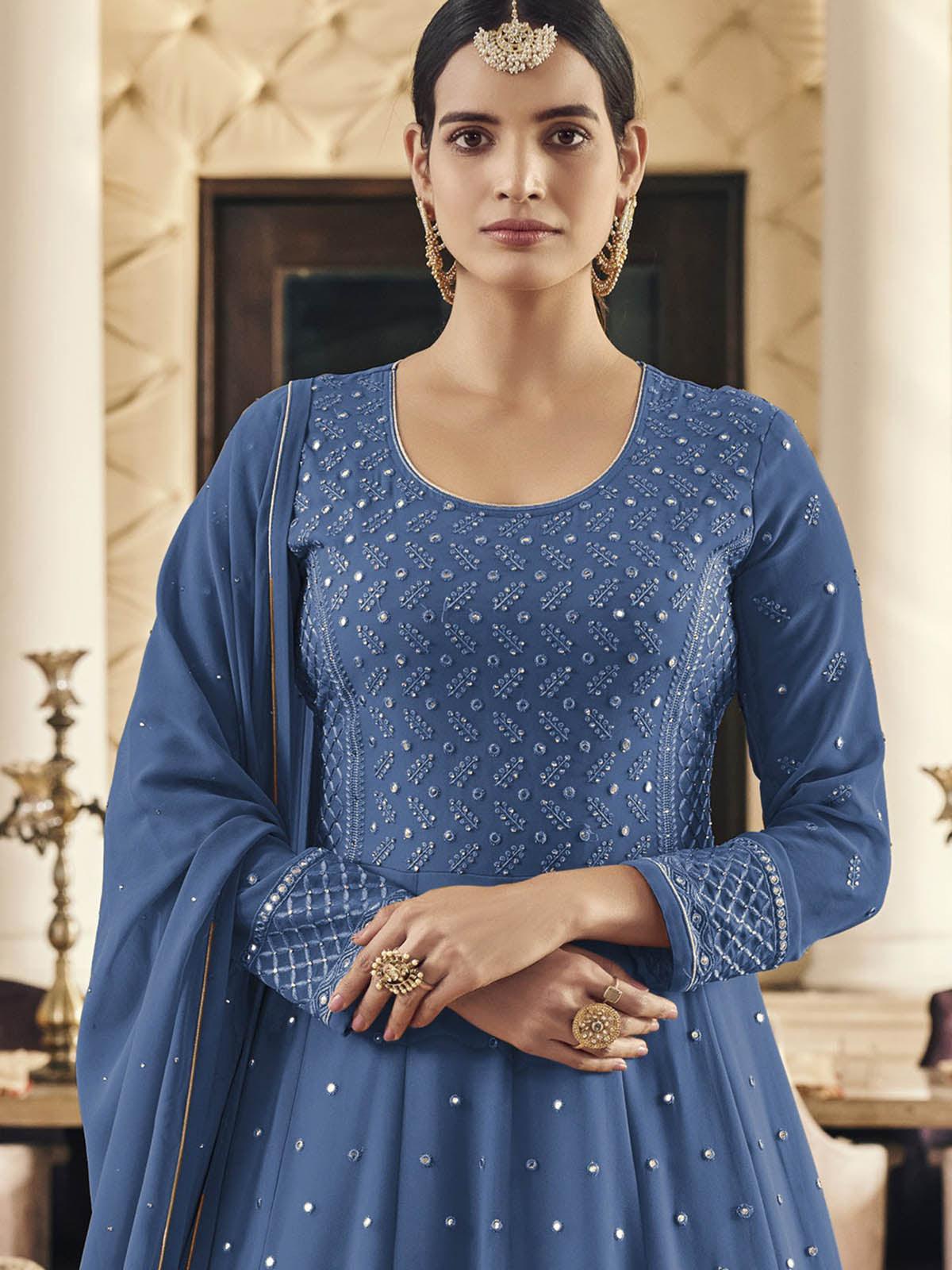 Women's Blue Embroidered Sharara Kurta Set - Odette