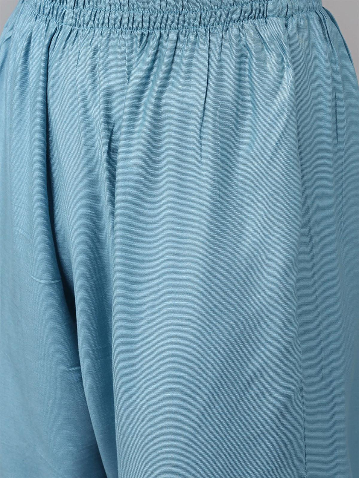 Women's Blue Embroidered Straight Kurta Trouser With Dupatta Set - Odette