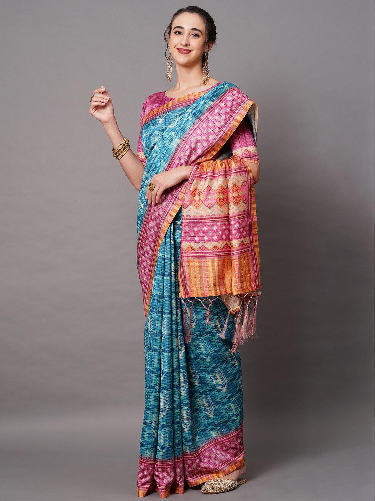 Women's Blue Festive Bhagalpuri Silk Printed Saree With Unstitched Blouse - Odette