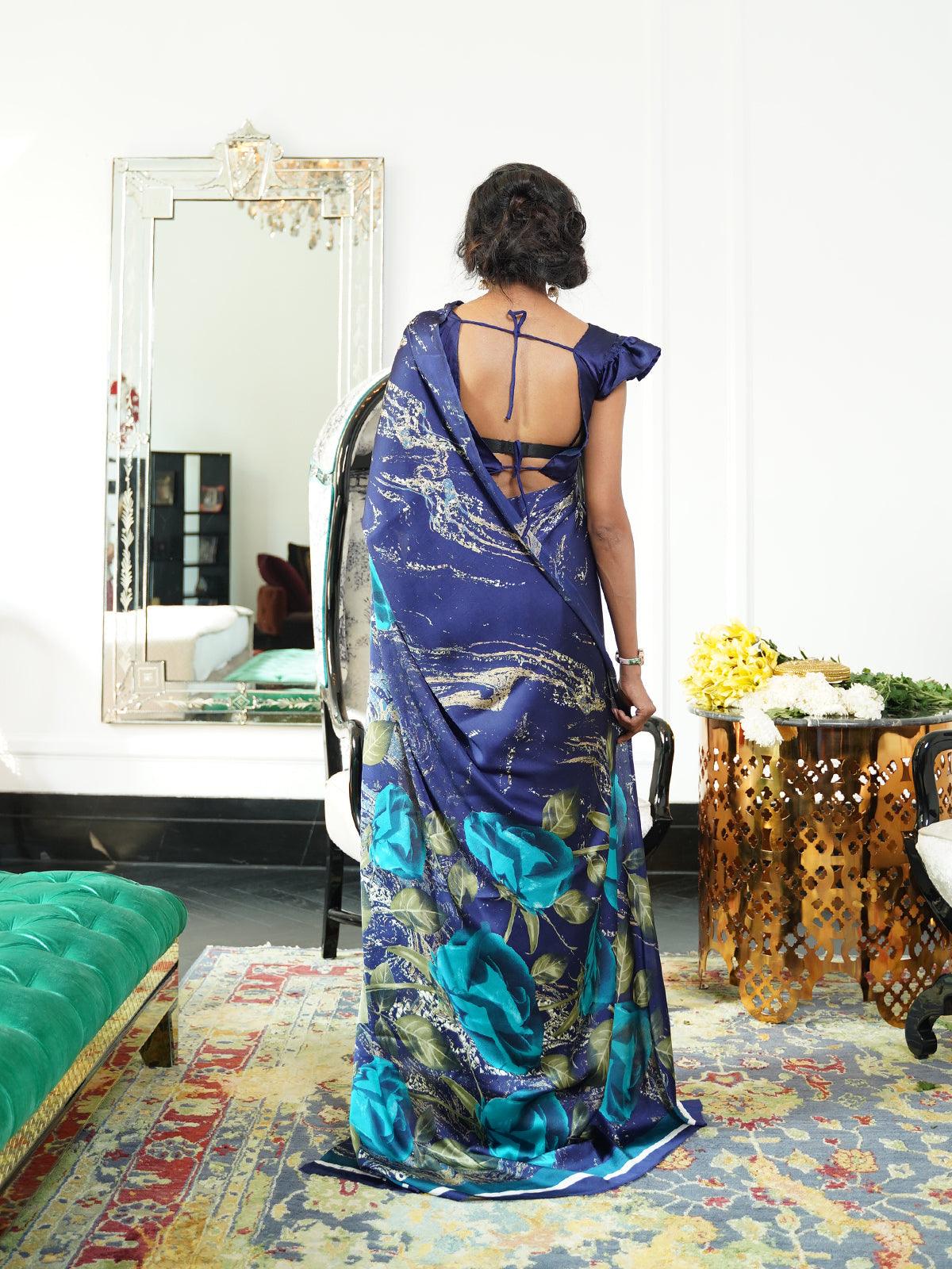 Women's Blue Festive Crepe Printed Saree With Unstitched Blouse - Odette
