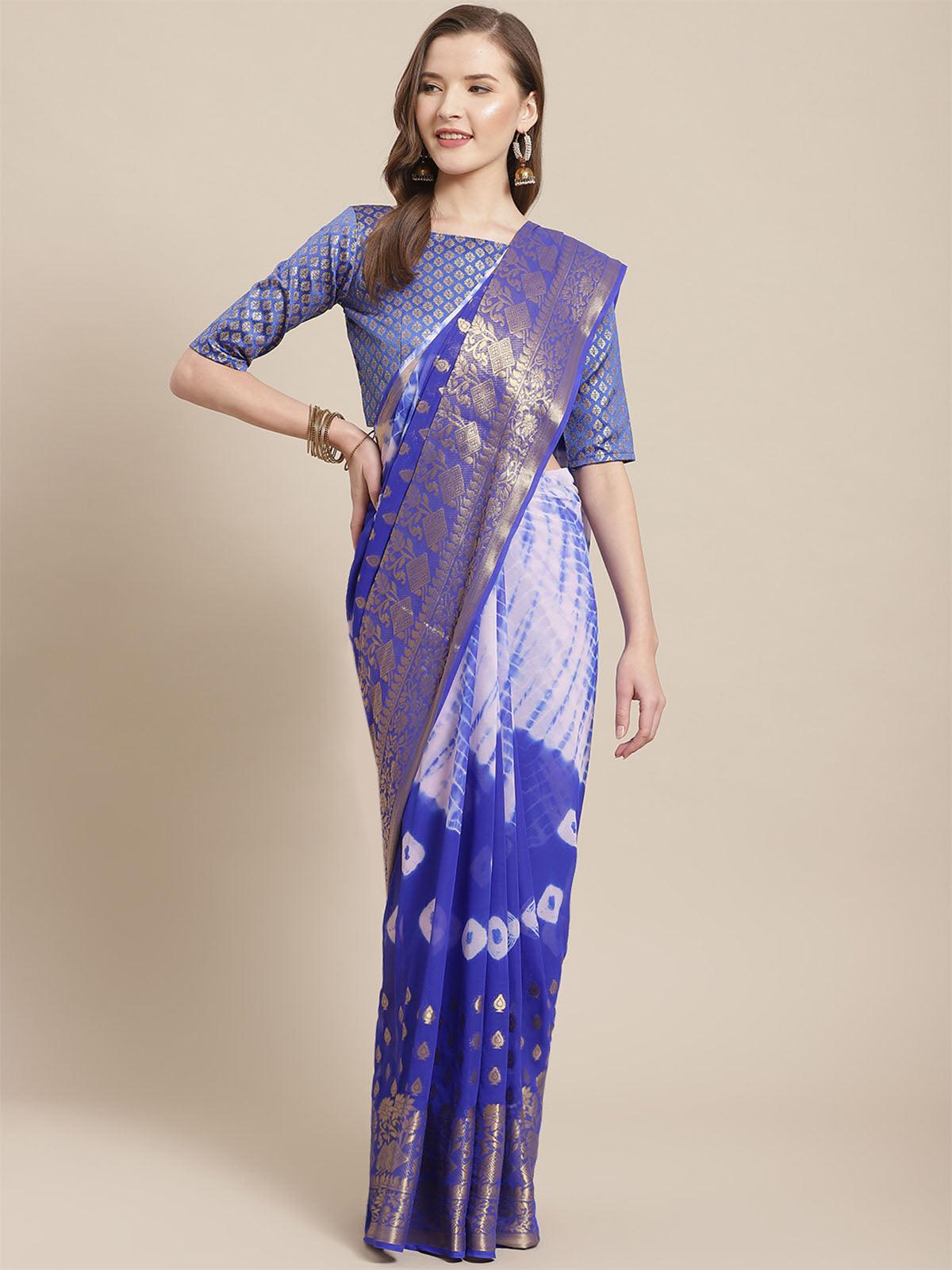 Women's Blue Festive Georgette Woven Saree With Unstitched Blouse - Odette