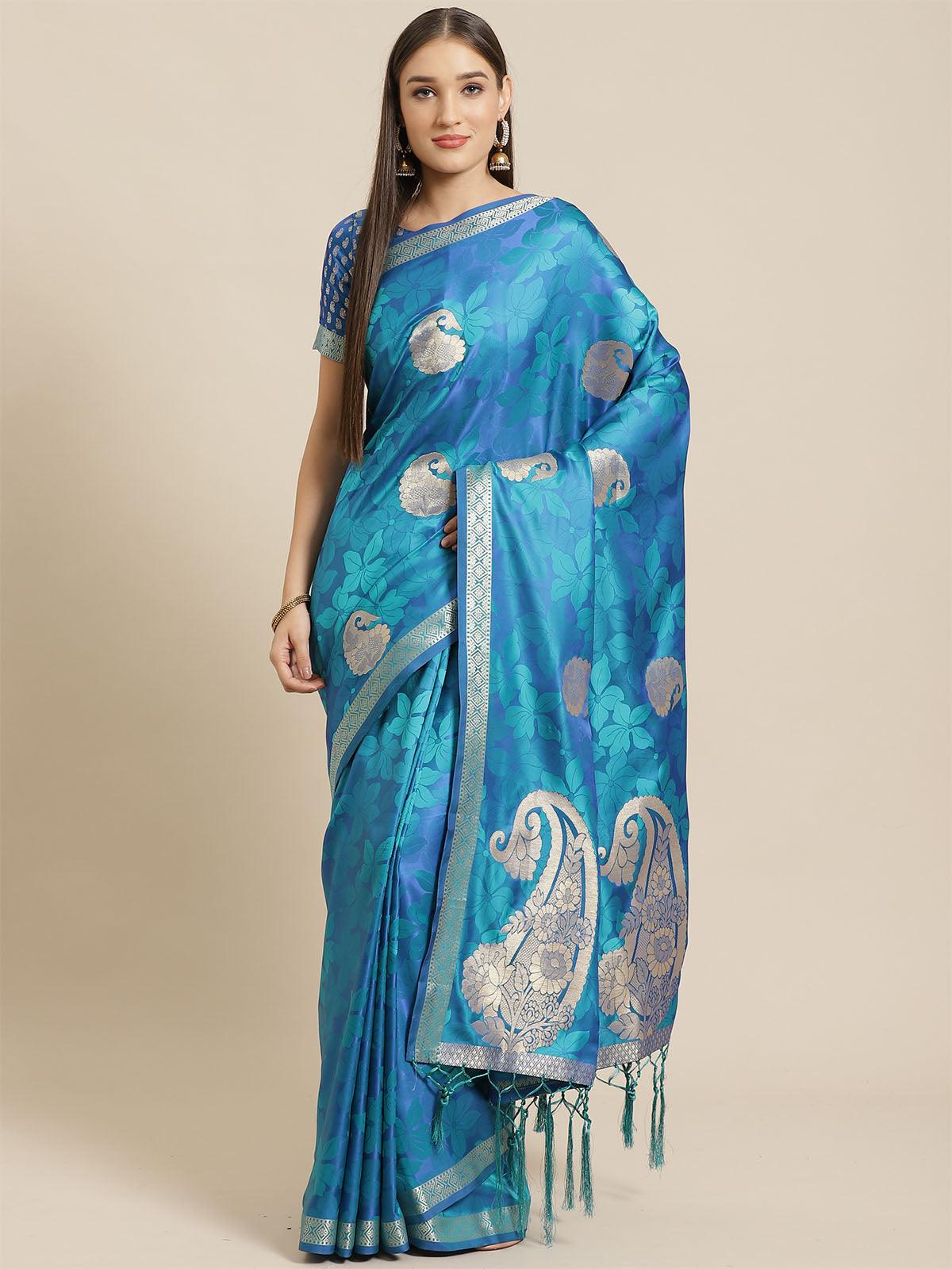 Women's Blue Festive Pure Satin Woven Saree With Unstitched Blouse - Odette