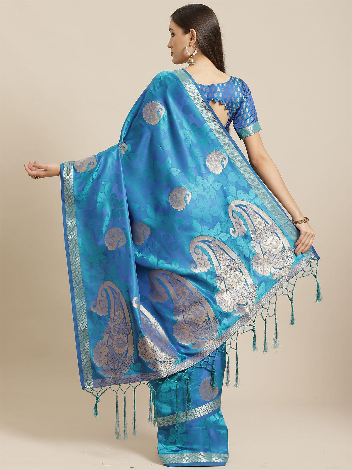 Women's Blue Festive Pure Satin Woven Saree With Unstitched Blouse - Odette