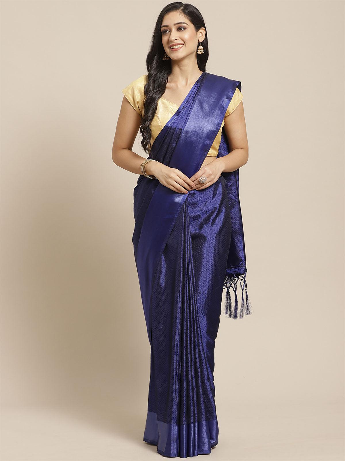 Women's Blue Festive Satin Solid Saree With Unstitched Blouse - Odette