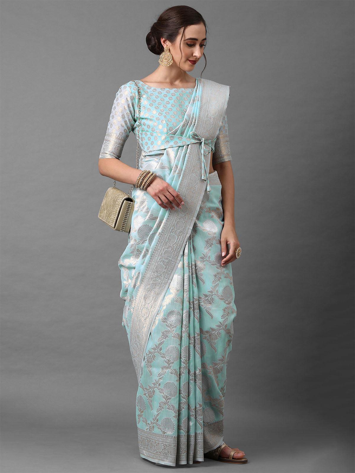 Women's Blue Festive Silk Blend Banarsi Saree With Unstitched Blouse - Odette