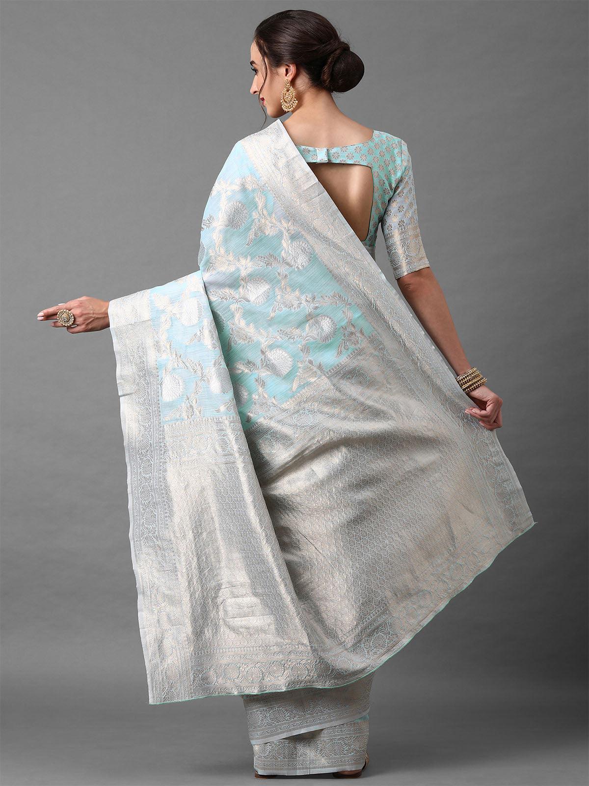 Women's Blue Festive Silk Blend Banarsi Saree With Unstitched Blouse - Odette