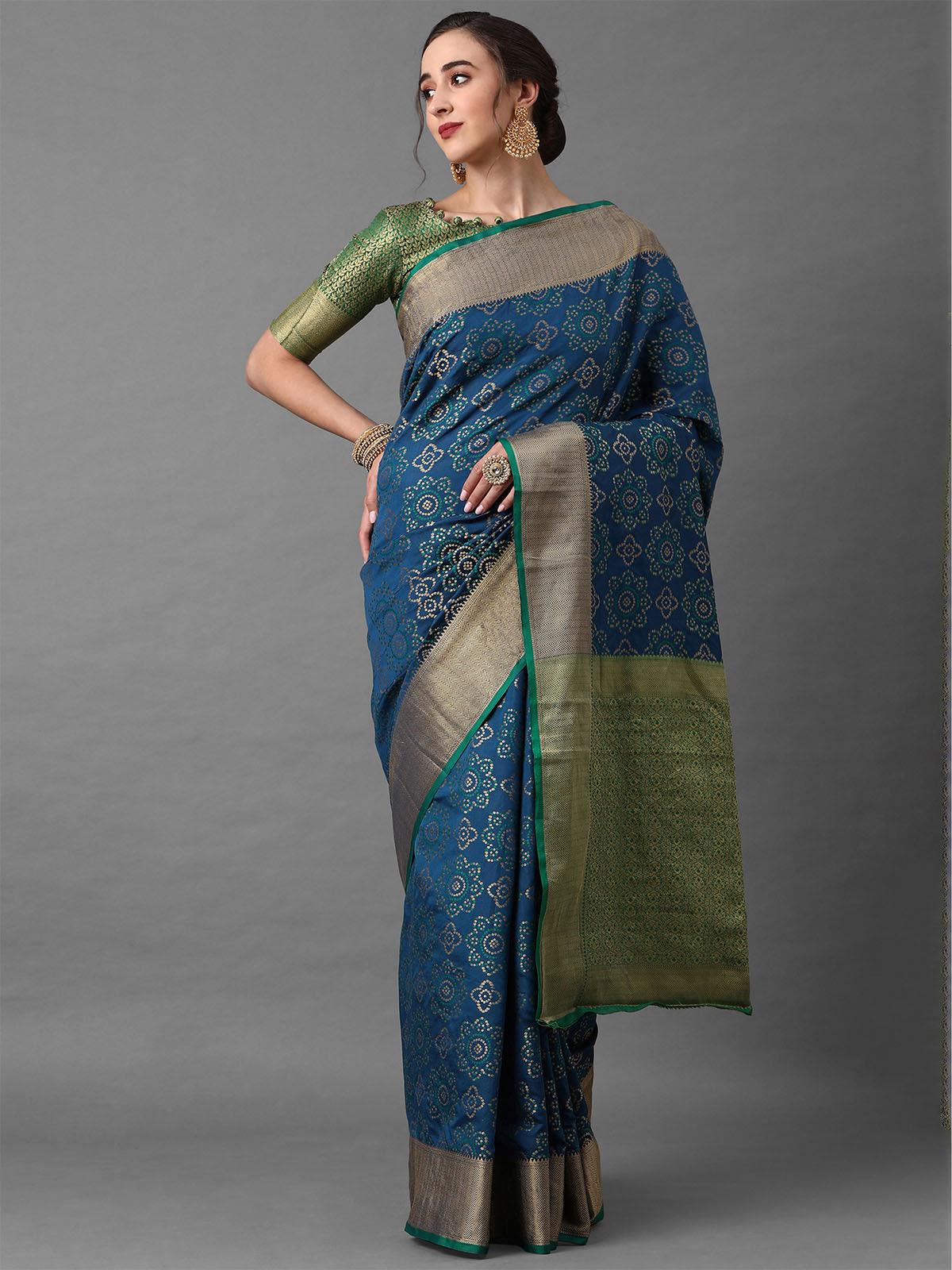 Women's Blue Festive Silk Blend Geometric Saree With Unstitched Blouse - Odette