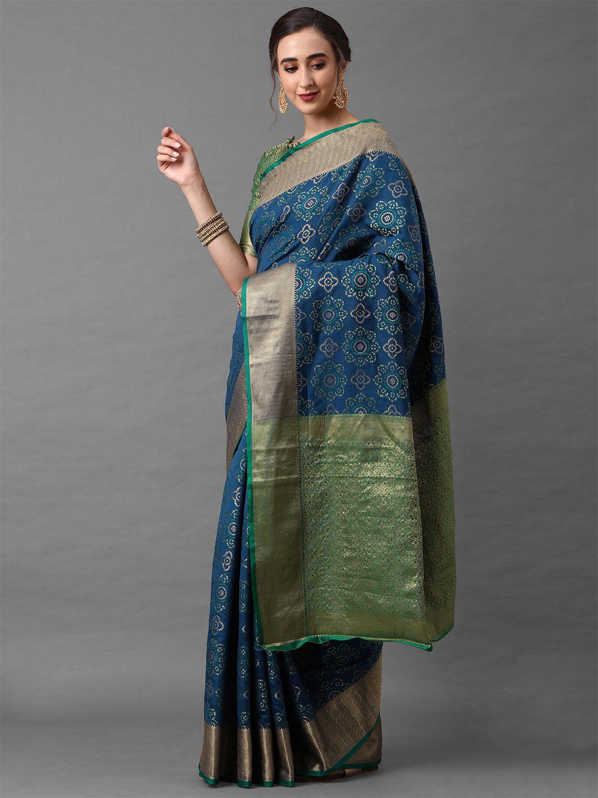 Women's Blue Festive Silk Blend Geometric Saree With Unstitched Blouse - Odette