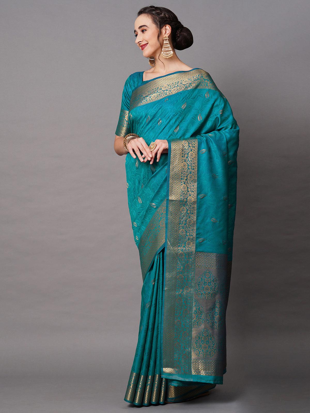 Women's Blue Festive Silk Blend Woven Design Saree With Unstitched Blouse - Odette