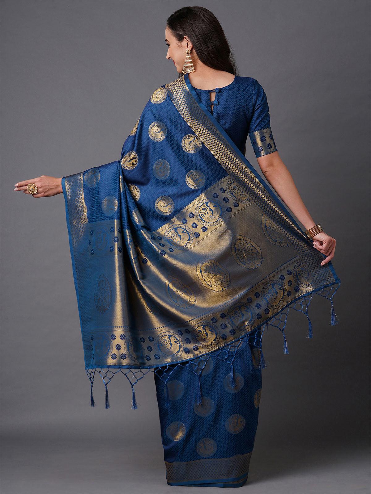 Women's Blue Festive Silk Blend Woven Design Saree With Unstitched Blouse - Odette