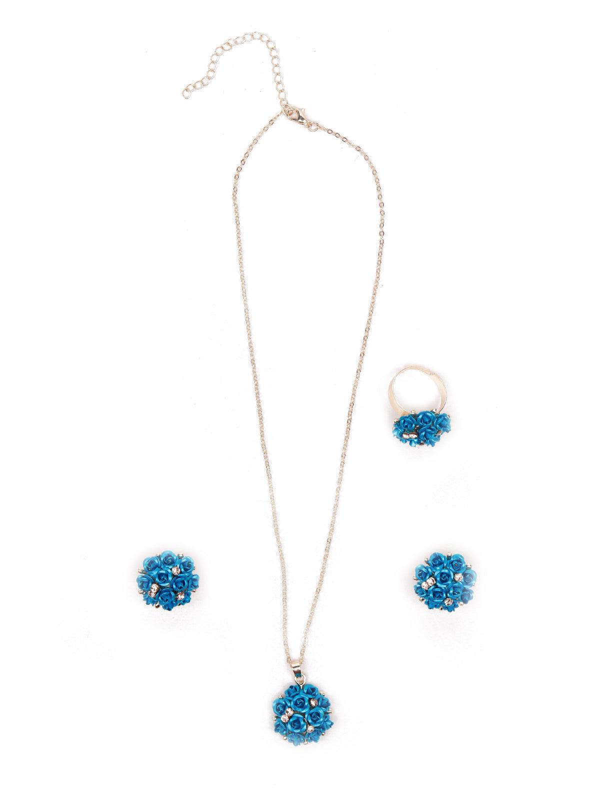 Women's Blue Floral Pendant Necklace Set - Odette