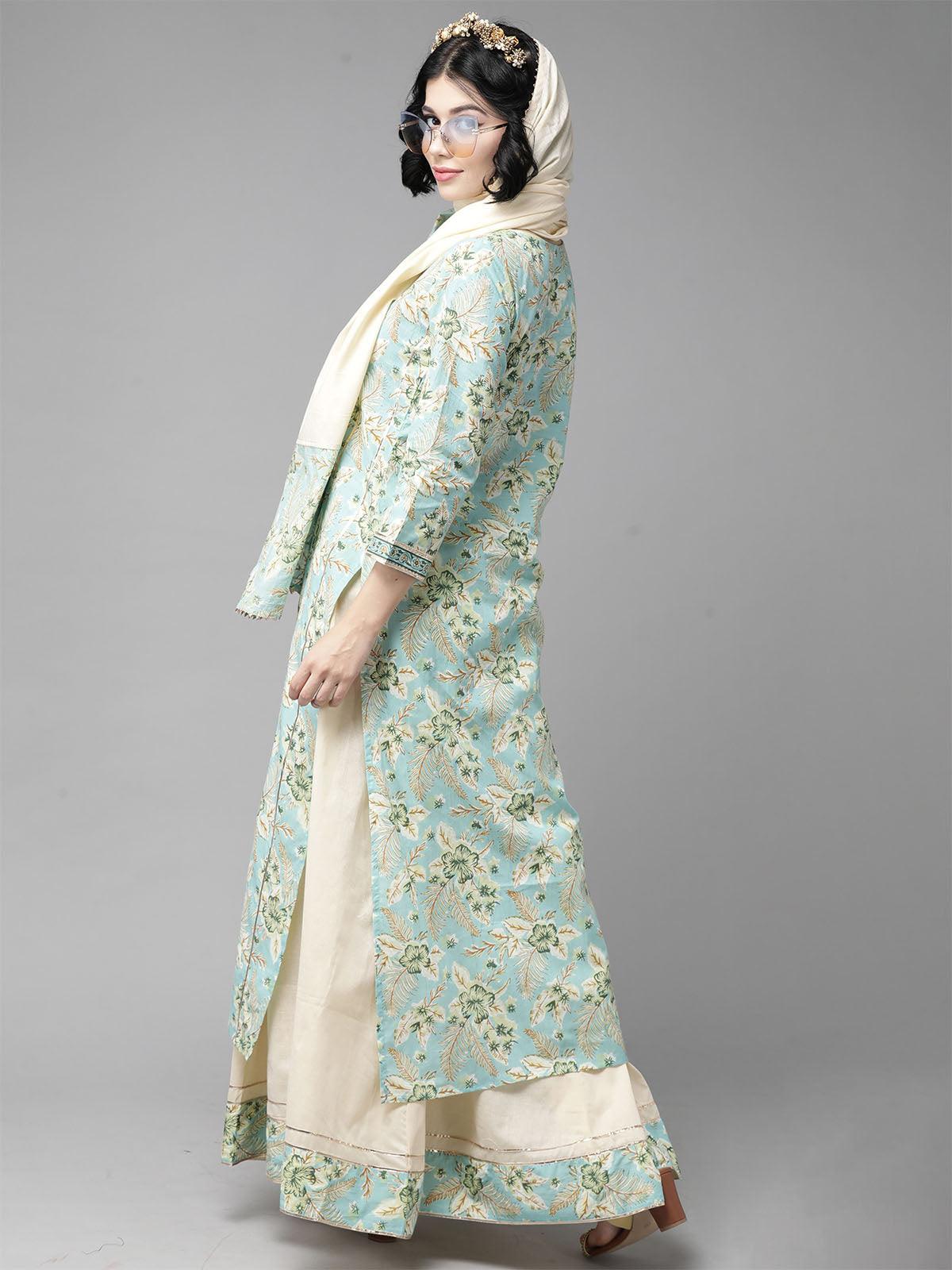 Women's Blue Floral Printed Straight Kurta Skirt With Dupatta Set - Odette