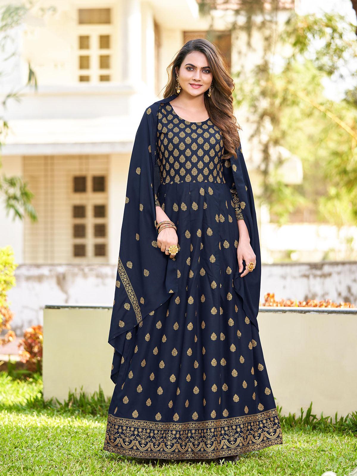 Women's Blue Gorgeous Long Gown With Dupatta - Odette
