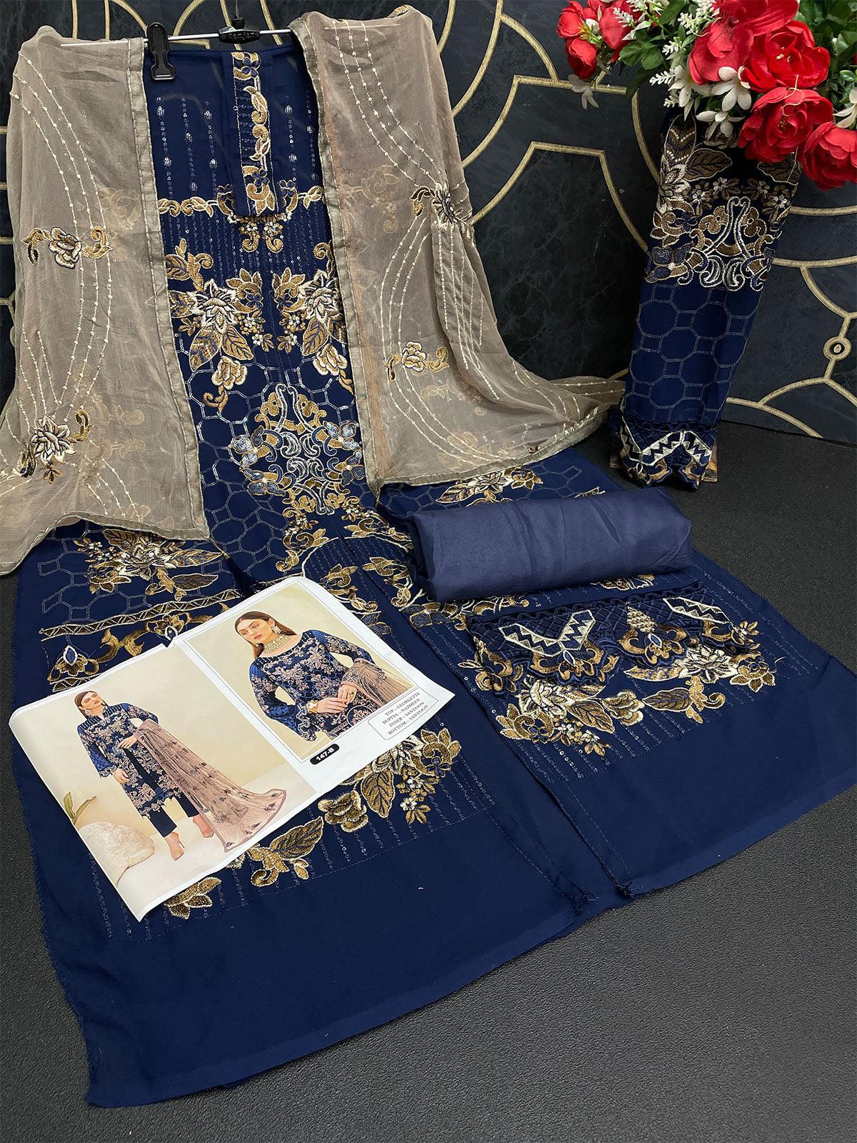Women's Blue Heavy Embroidered Salwas Suit Set - Odette