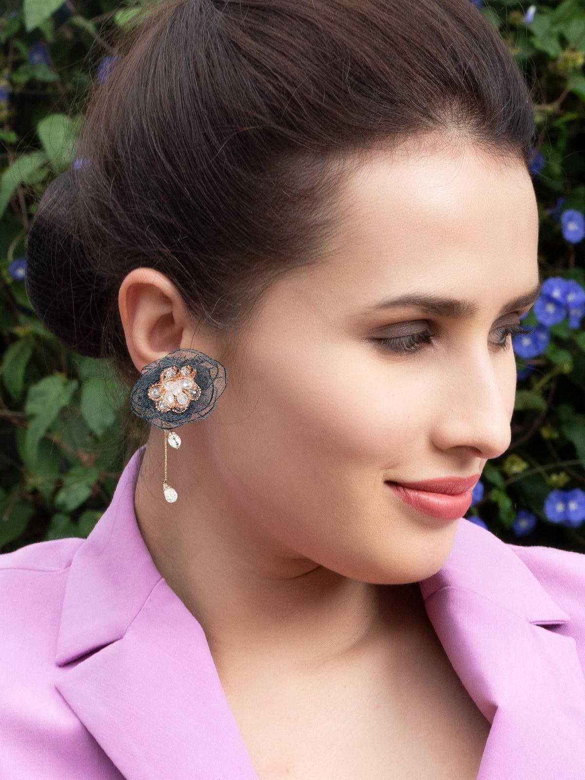 Women's Blue Net Floral Beaded Earrings - Odette