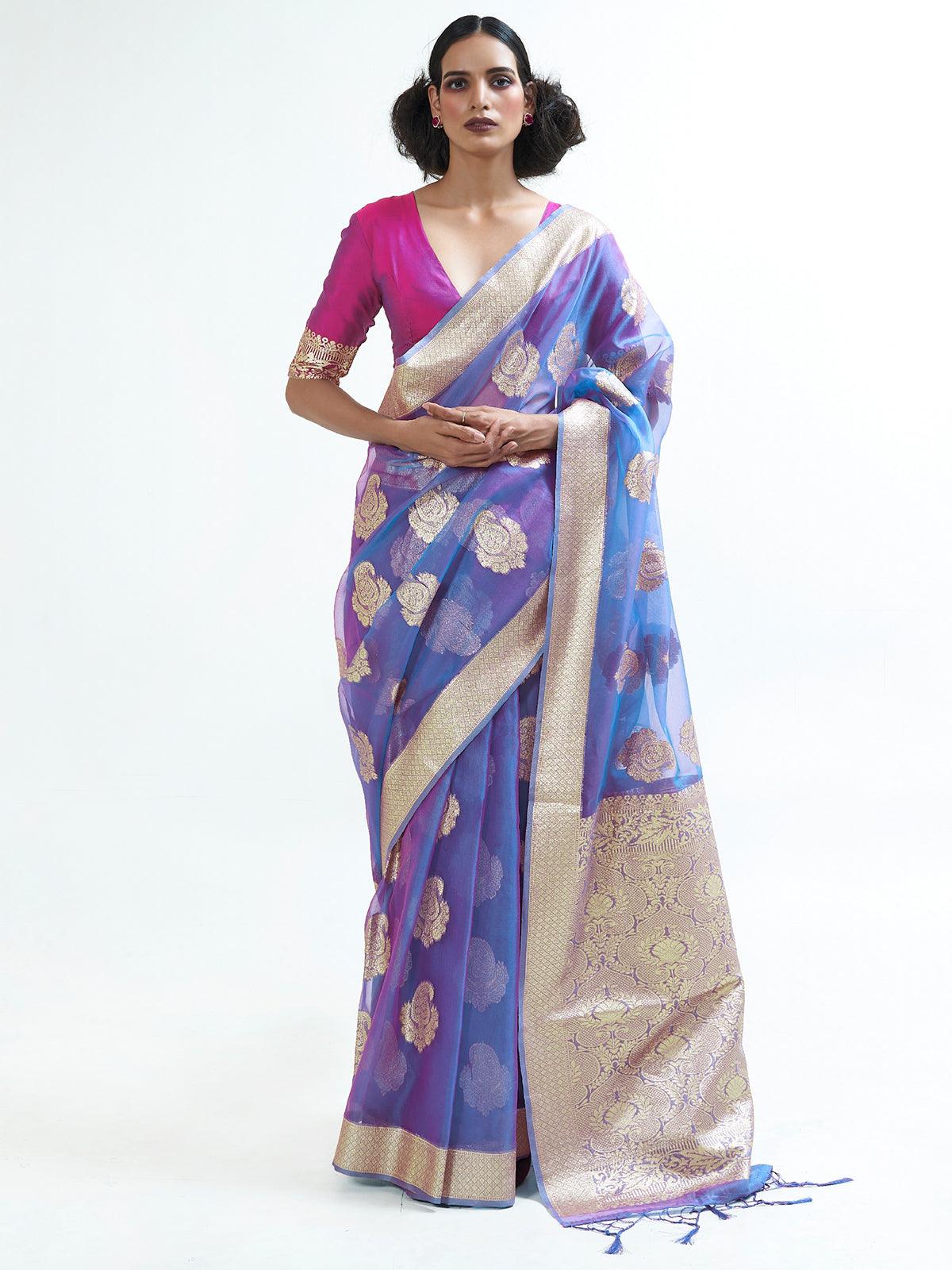 Women's Blue Party Wear Organza Woven Design Saree With Unstitched Blouse - Odette