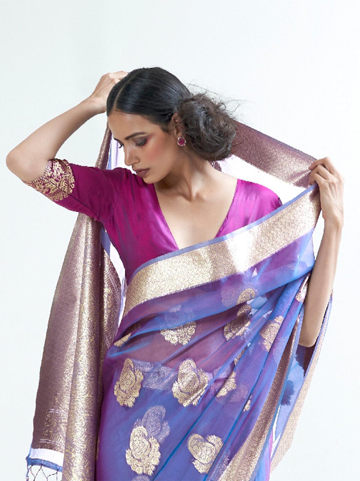 Women's Blue Party Wear Organza Woven Design Saree With Unstitched Blouse - Odette