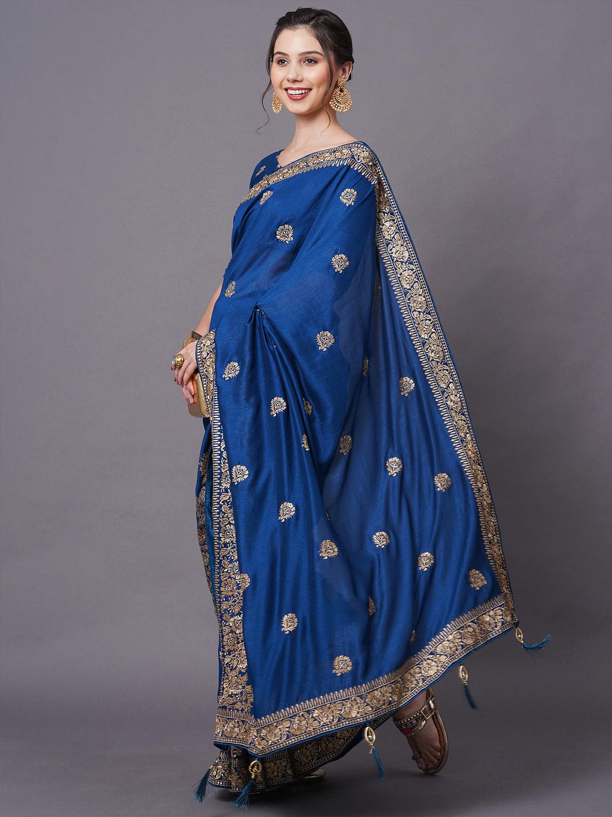 Women's Blue Party Wear Vichitra Embelished Saree With Unstitched Blouse - Odette