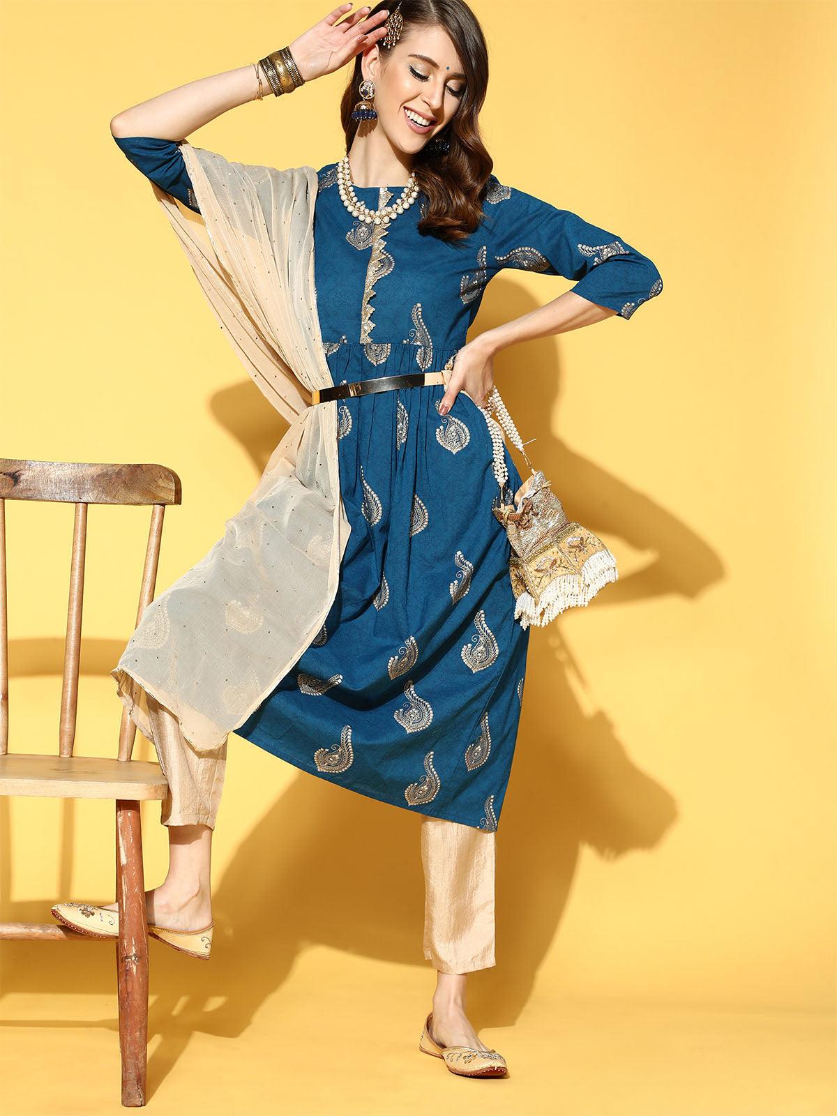 Women's Blue Printed A-Line Kurta Trouser With Dupatta Set - Odette