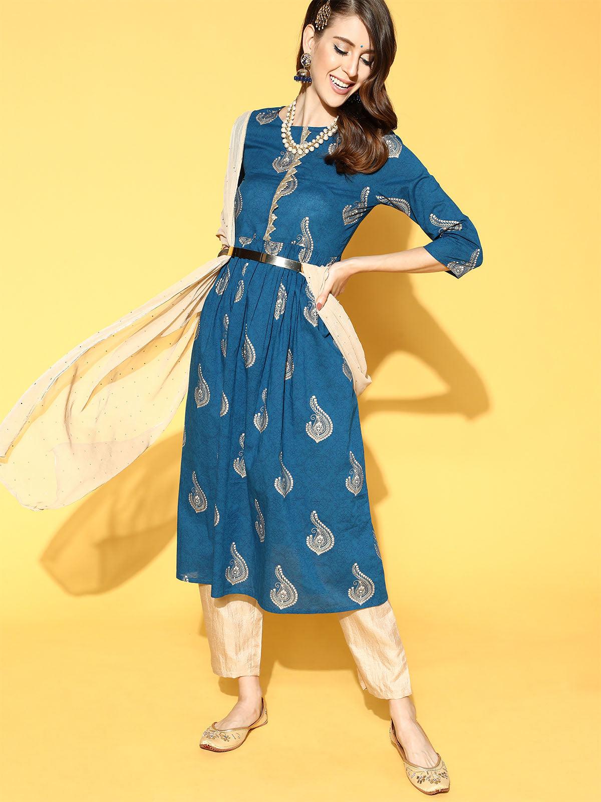 Women's Blue Printed A-Line Kurta Trouser With Dupatta Set - Odette