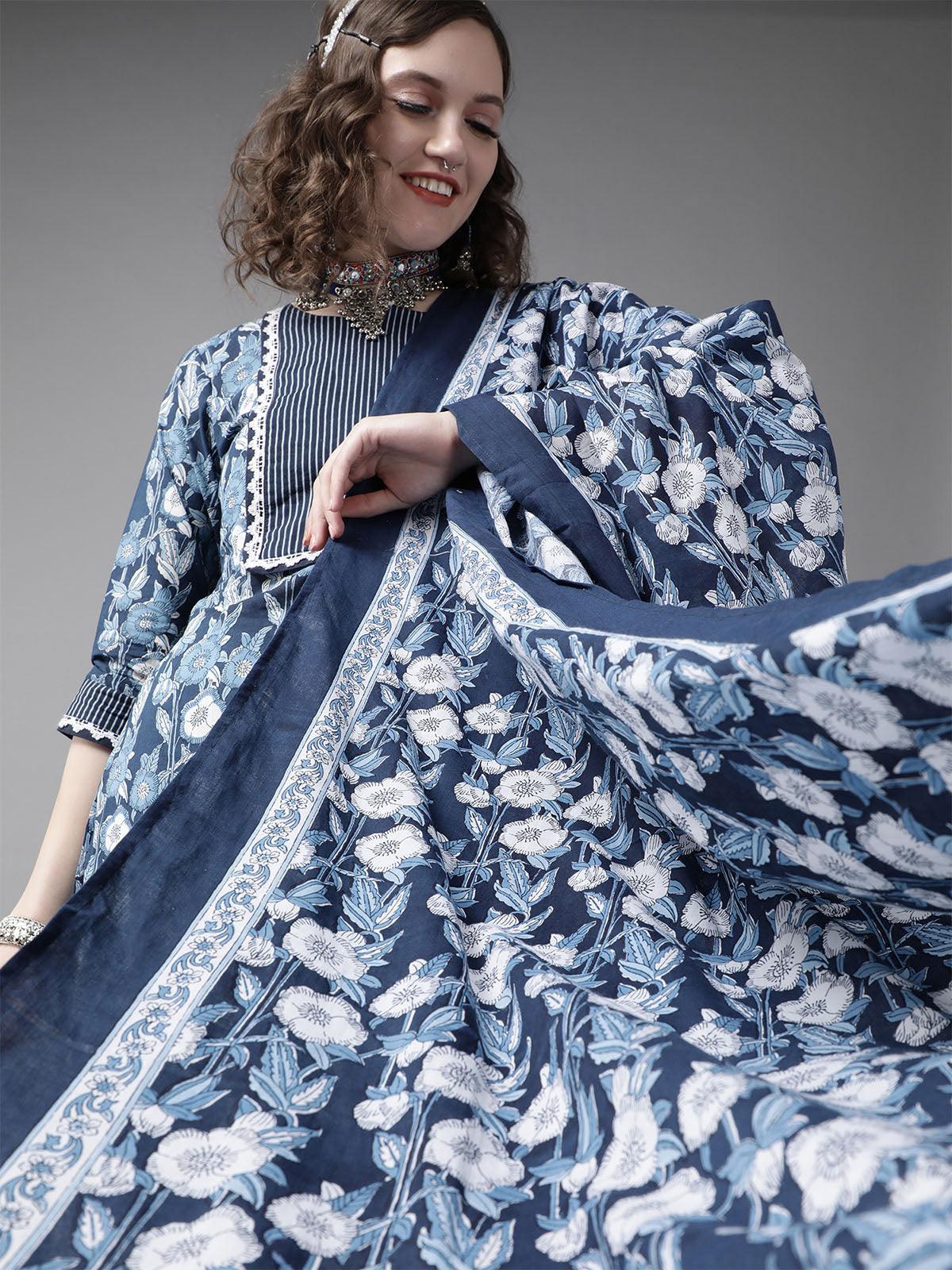 Women's Blue Printed Straight Kurta Palazzo Dupatta Sets - Odette