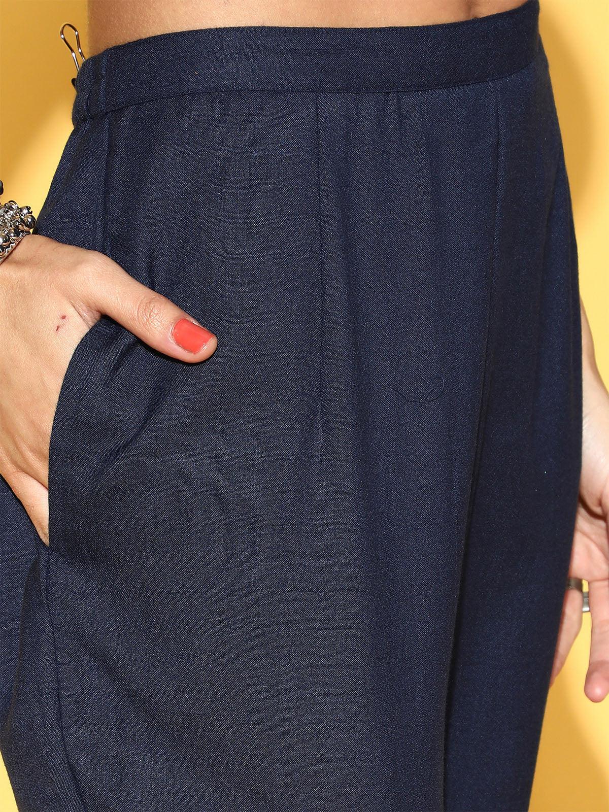 Women's Blue Printed Straight Kurta Trouser With Dupatta Set - Odette