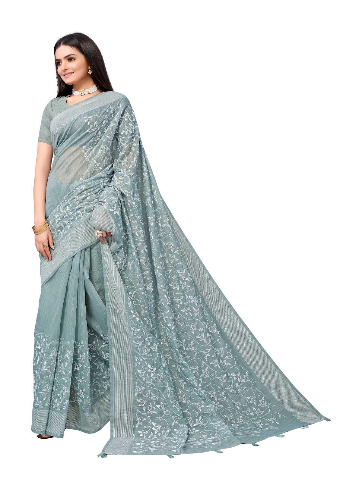 Women's Blue Pure Cotton Embroidered Saree With Blouse - Odette