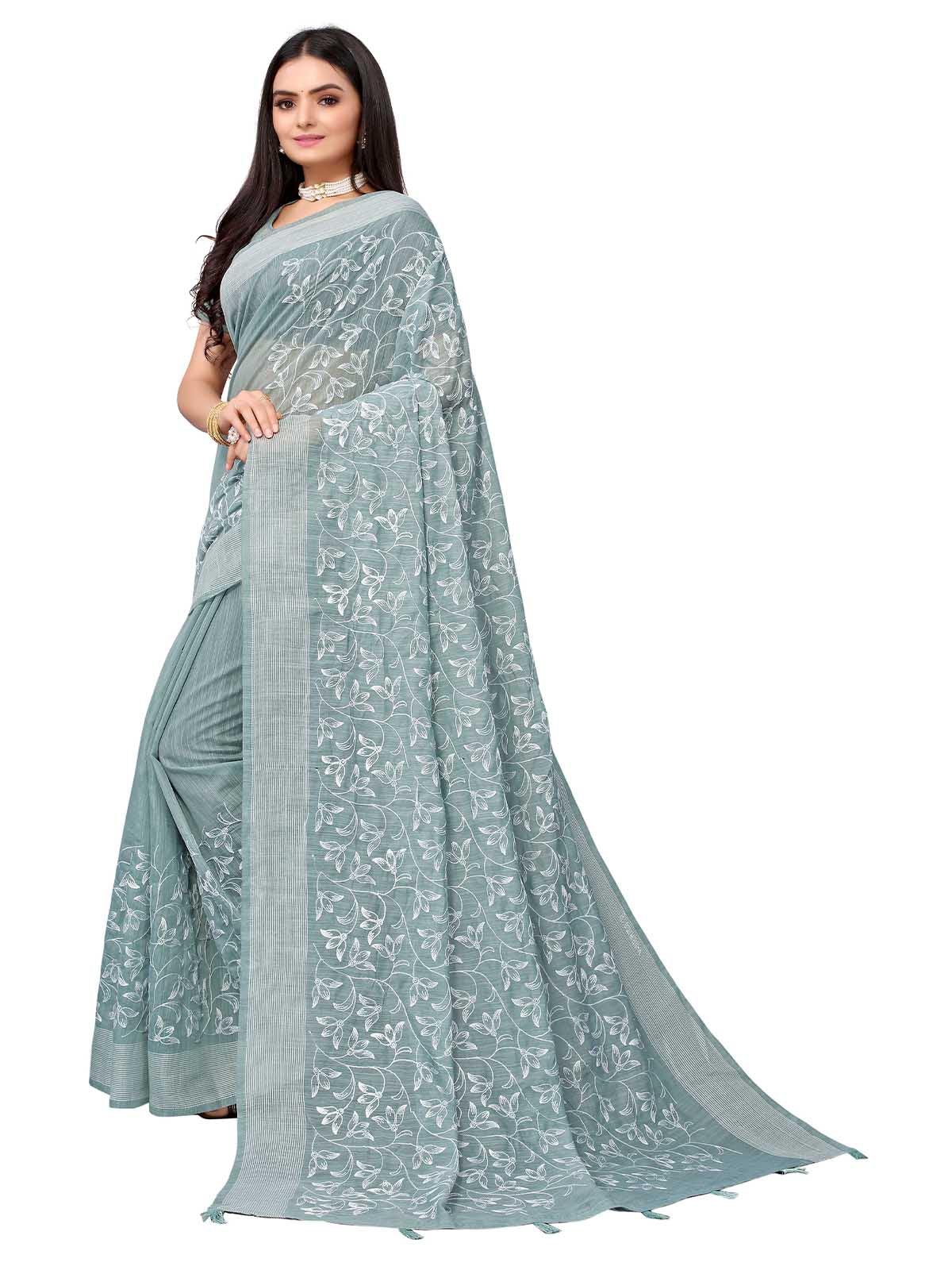Women's Blue Pure Cotton Embroidered Saree With Blouse - Odette