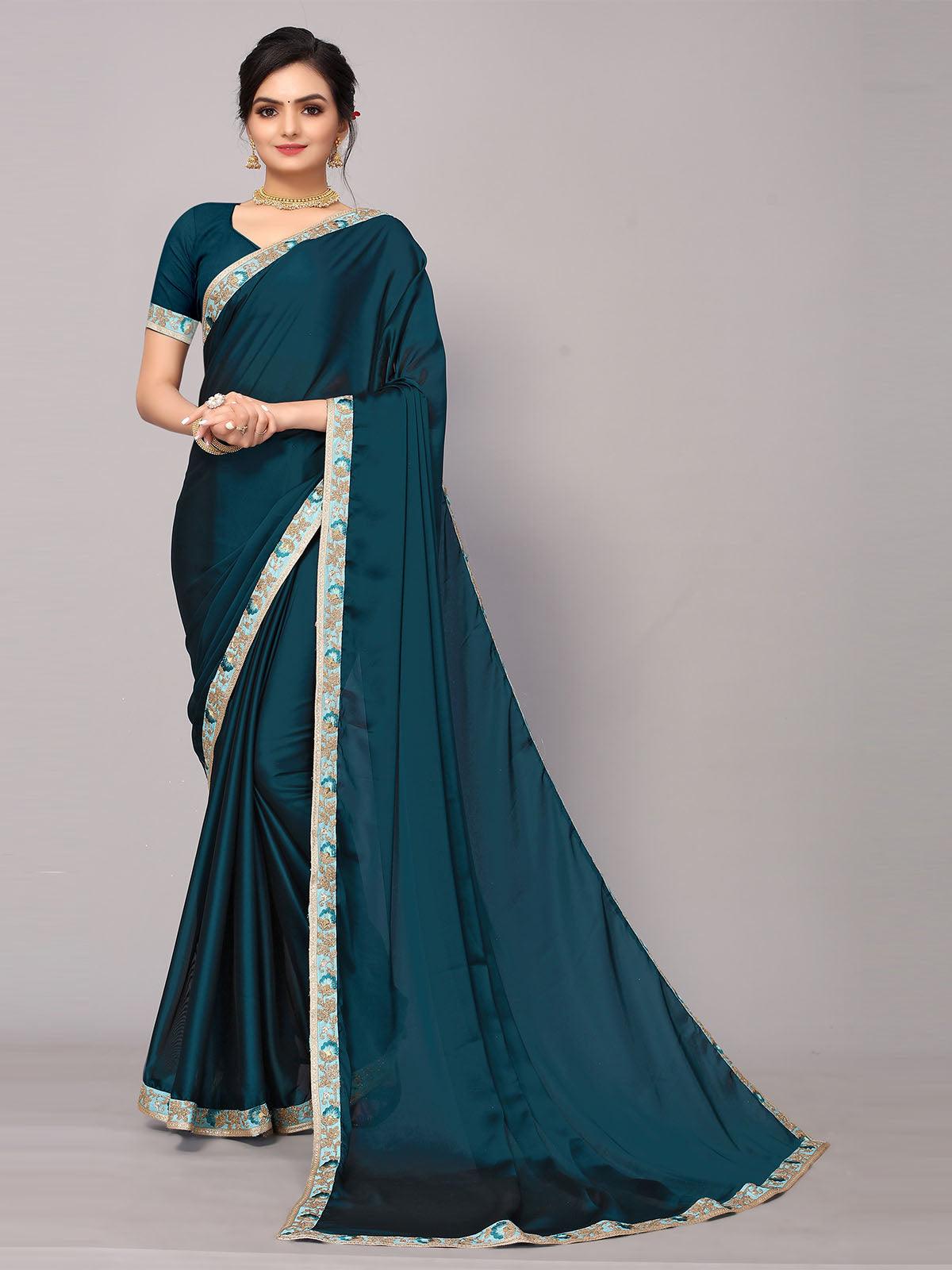 Women's Blue Satin Georgette Embroidery Border Work Saree With Blouse. - Odette