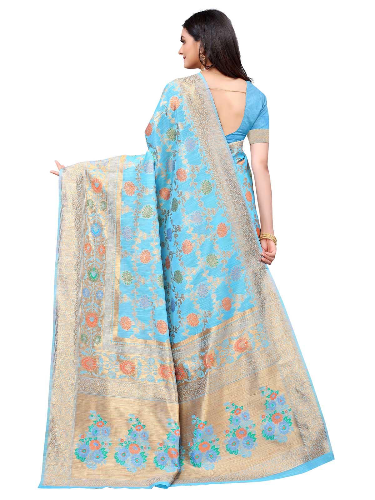 Women's Blue Silk Blend Woven Design Saree With Blouse - Odette