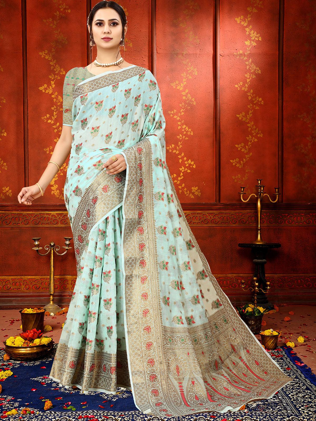 Women's Blue Soft Cotton Silk Heavy Copper Zari Meenakari Weave Designer Saree - Odette