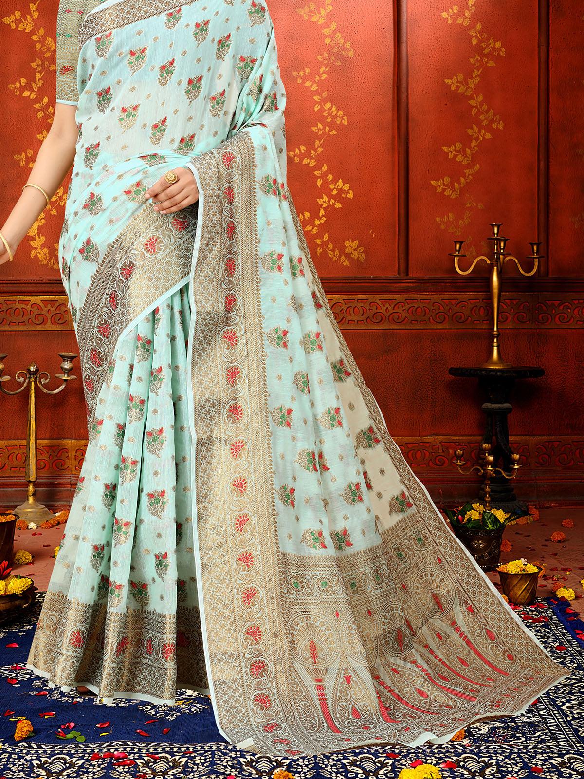 Women's Blue Soft Cotton Silk Heavy Copper Zari Meenakari Weave Designer Saree - Odette