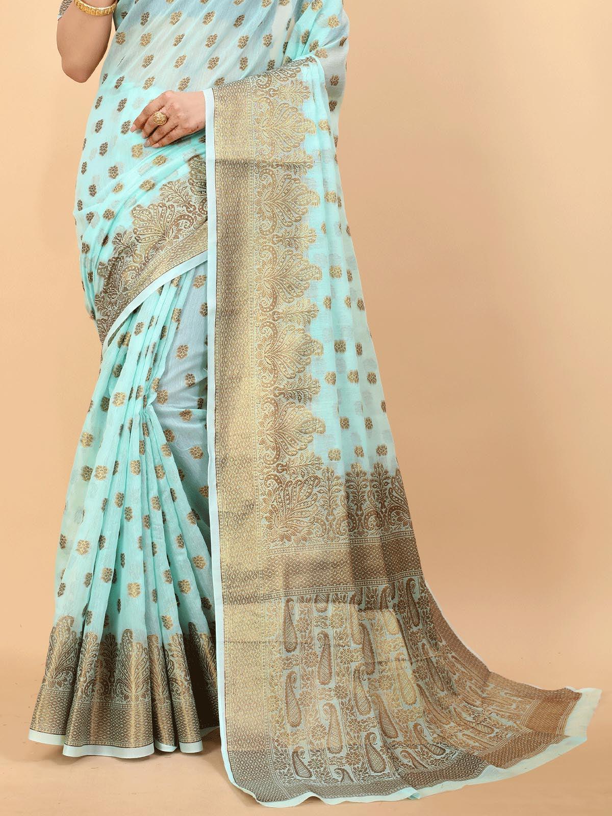 Women's Blue Soft Cotton Slub Heavy Jari Wevon Designer Saree - Odette