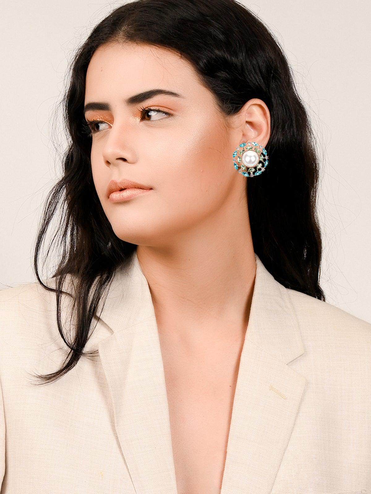 Women's Blue Studded Earrings With Motif - Odette