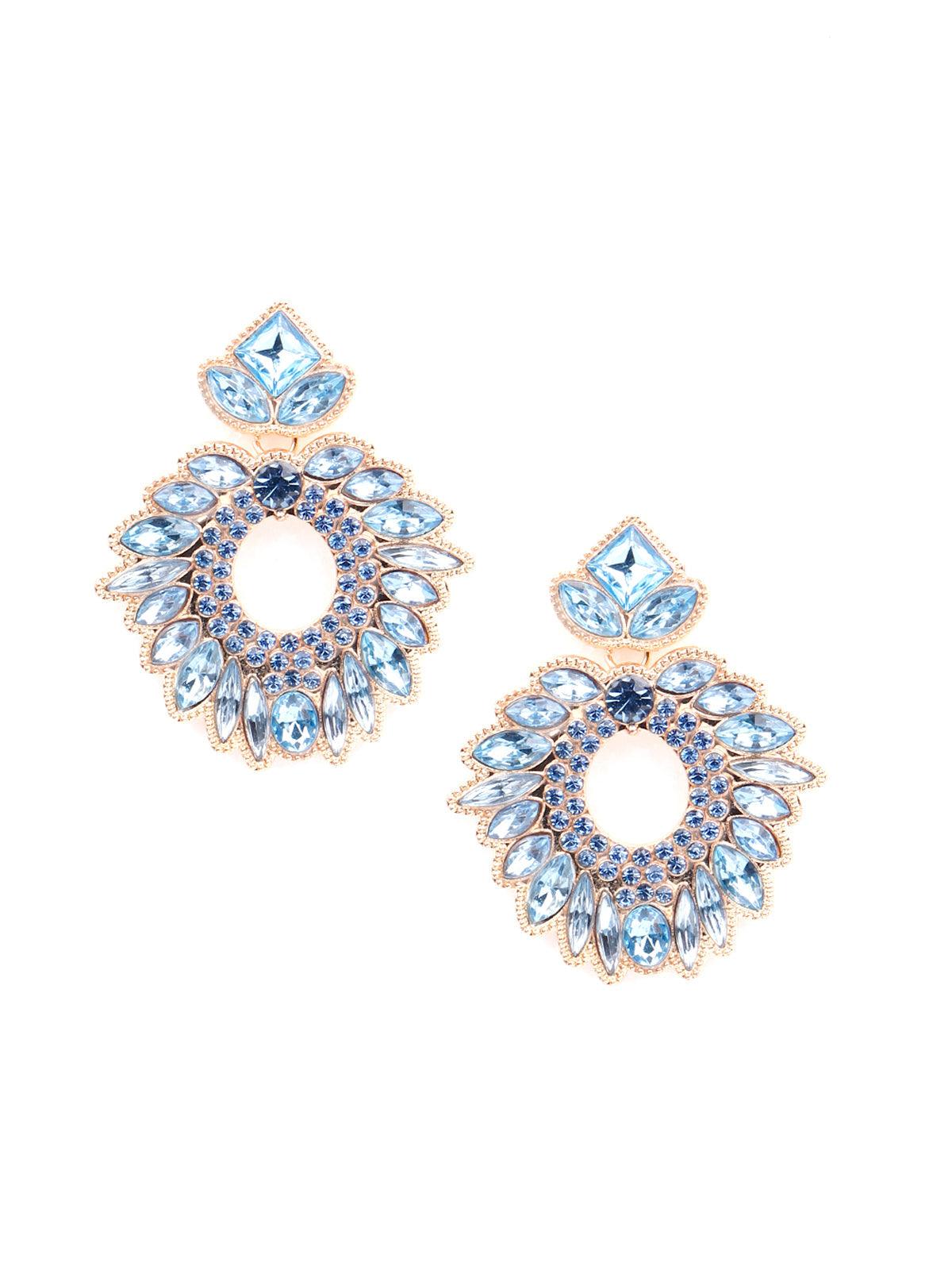 Women's Blue Textured Rounded Crystal Embellished Statement Earrings - Odette