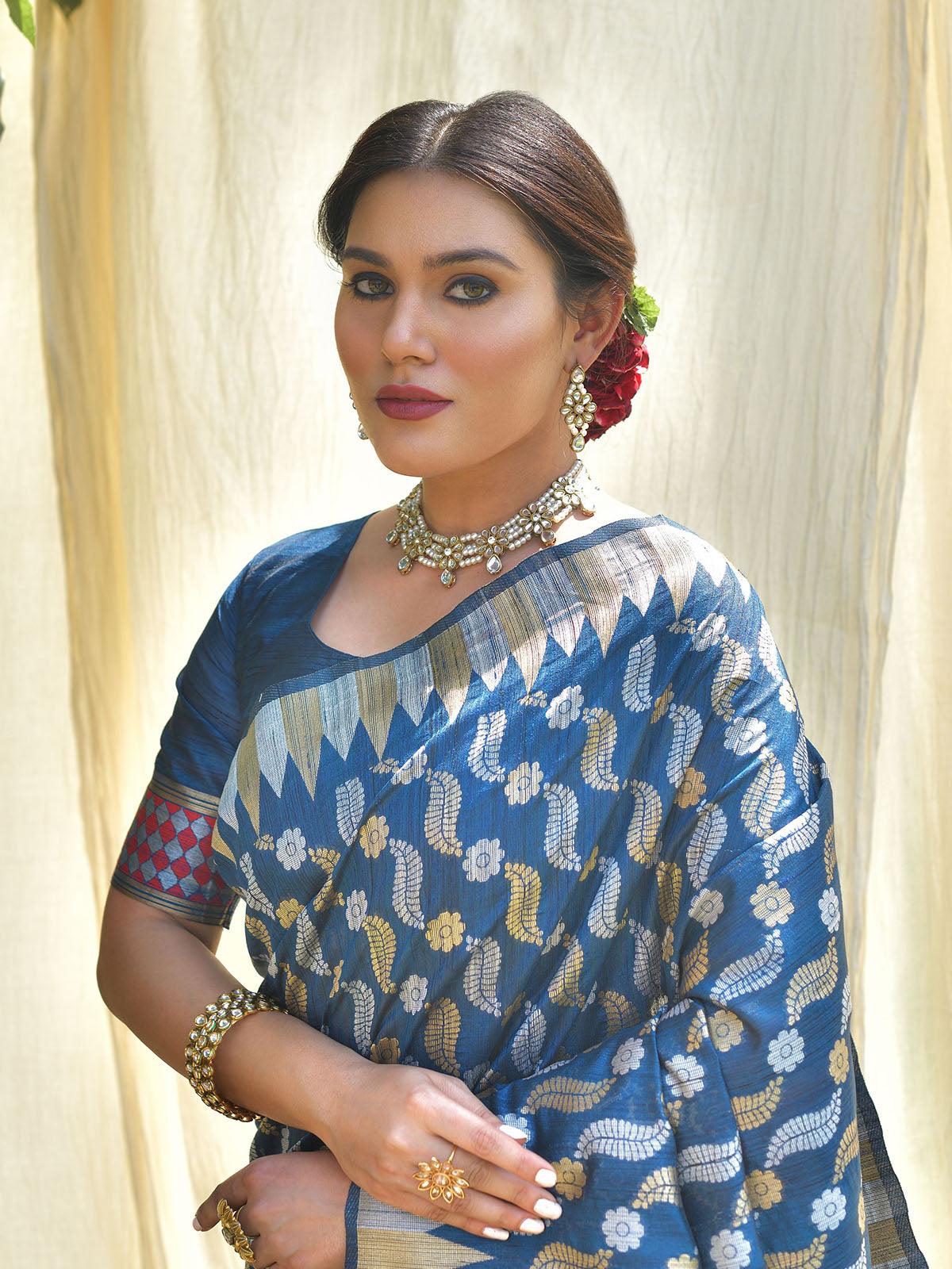 Women's Blue Tussar Silk Heavy Jamdani Saree - Odette