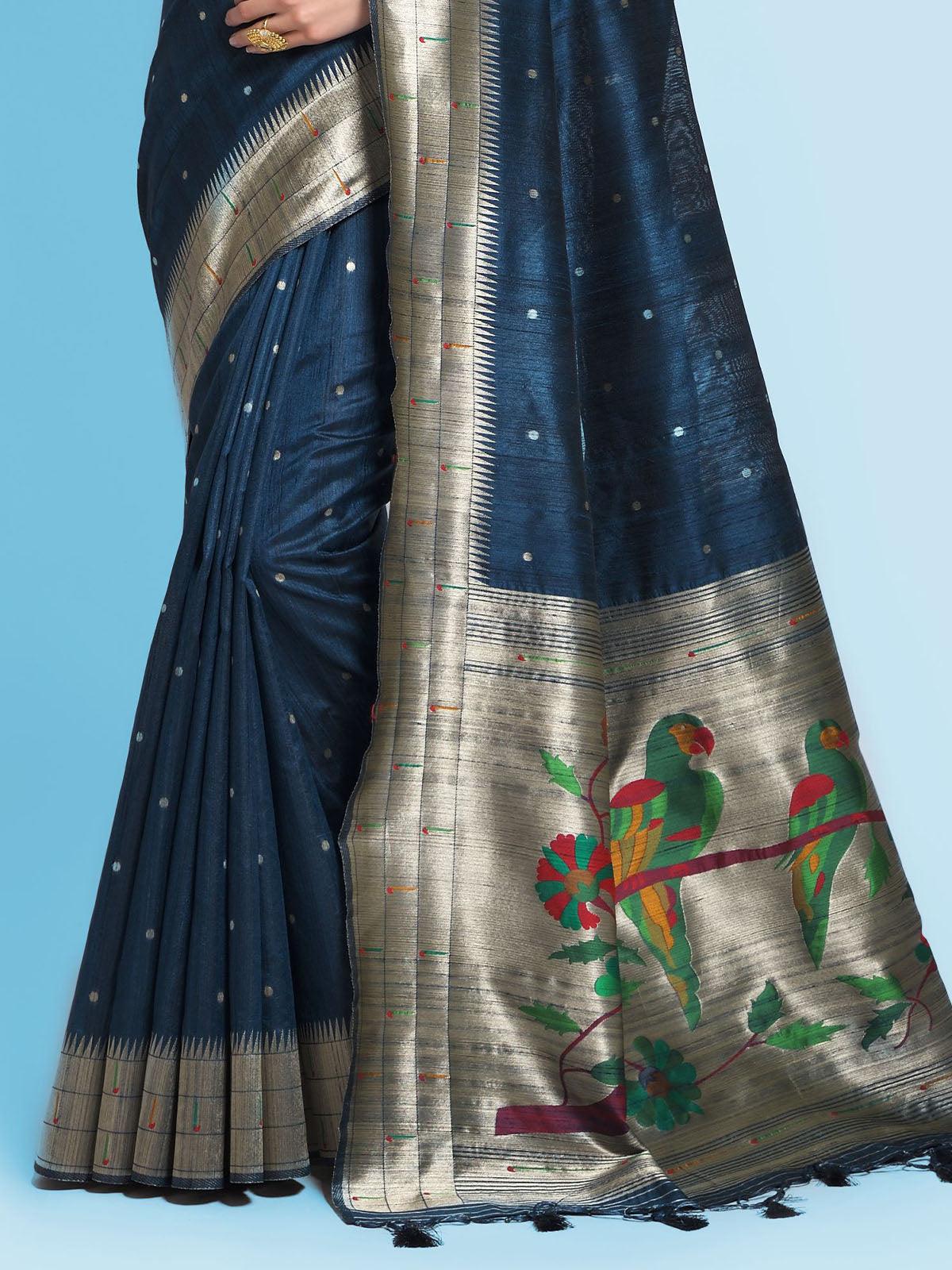 Women's Blue Tussar Silk Paithani Saree - Odette