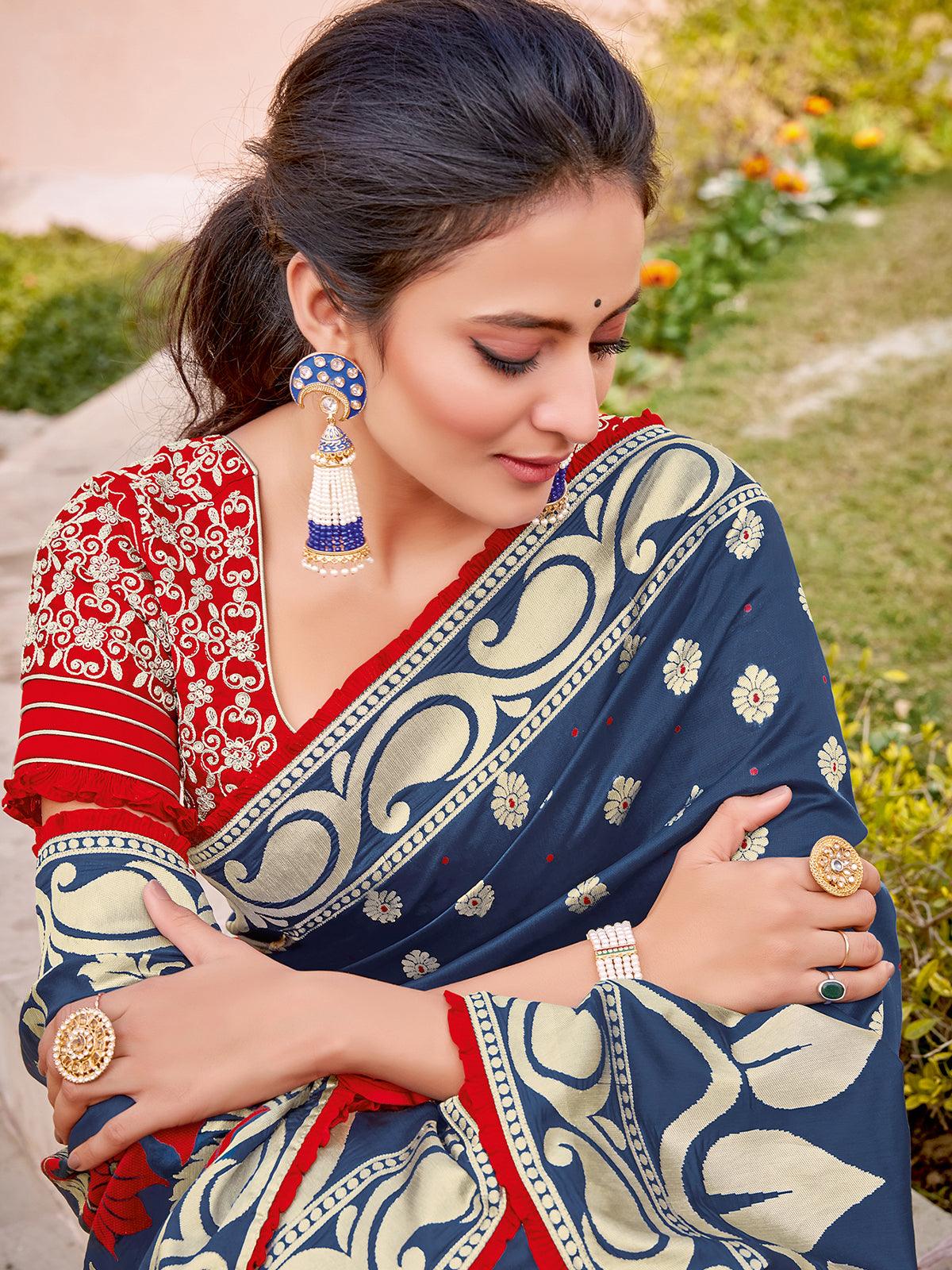 Women's Blue Weaved Silk Designer Saree With Blouse - Odette