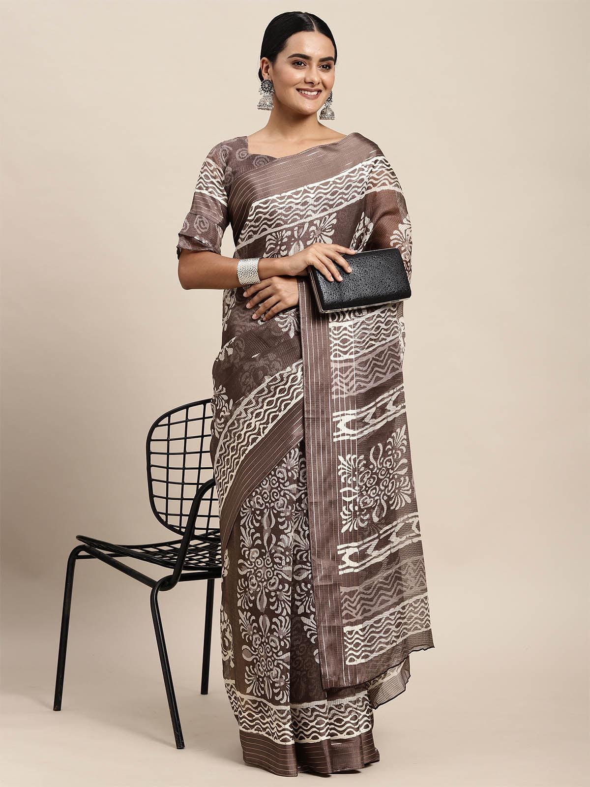 Women's Brasso Charcoal Grey Printed Designer Saree With Blouse Piece - Odette