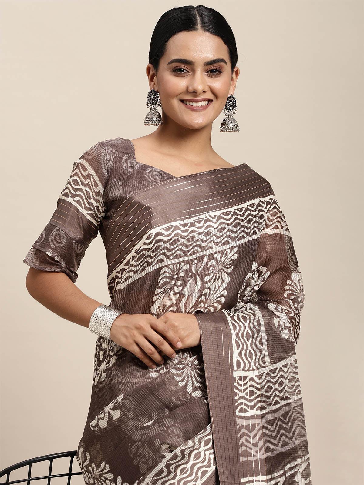 Women's Brasso Charcoal Grey Printed Designer Saree With Blouse Piece - Odette