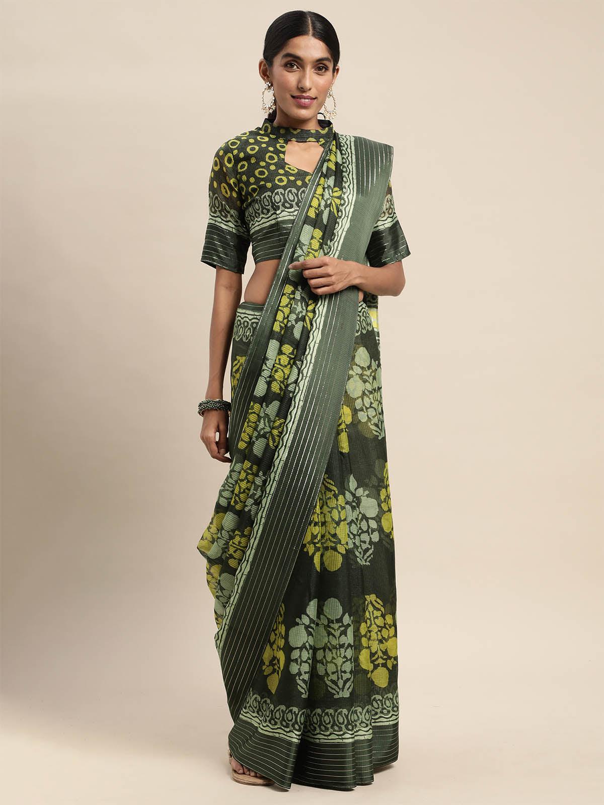 Women's Brasso Olive Printed Designer Saree With Blouse Piece - Odette