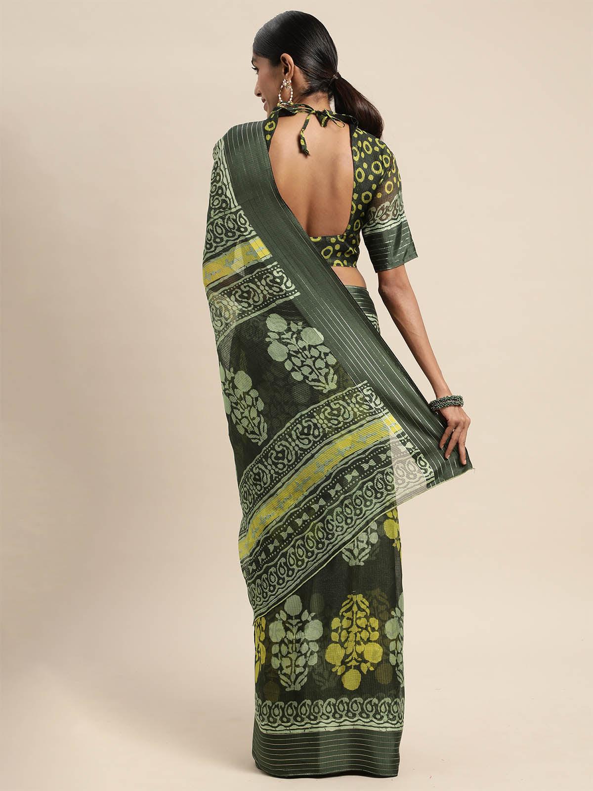 Women's Brasso Olive Printed Designer Saree With Blouse Piece - Odette