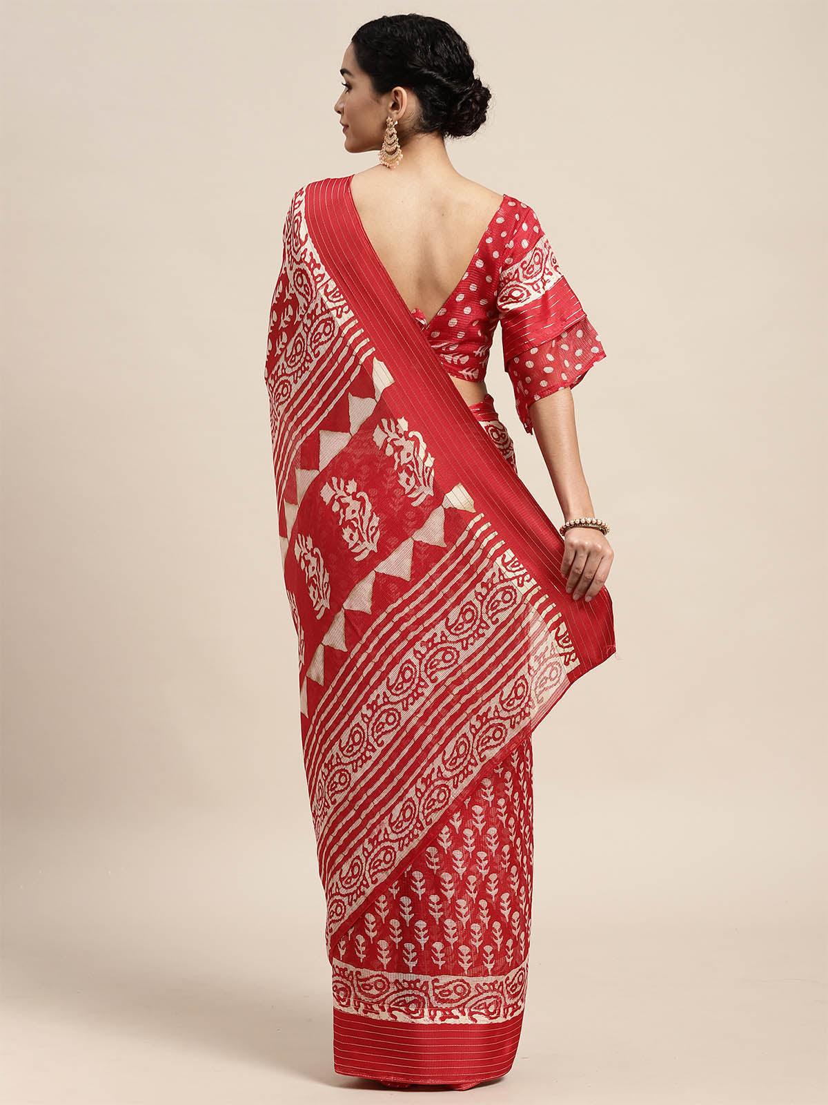 Women's Brasso Red Printed Designer Saree With Blouse Piece - Odette