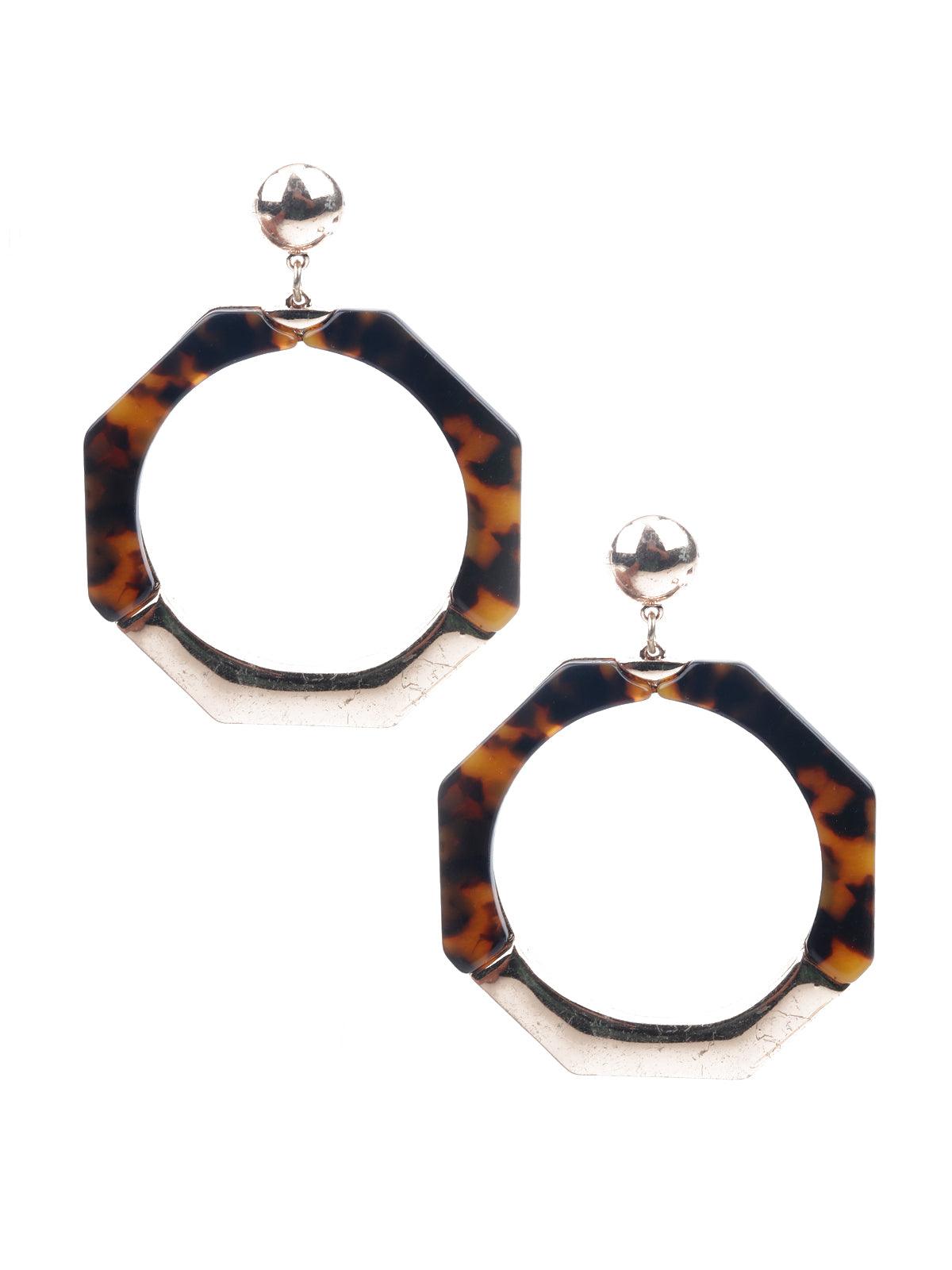Women's Brown And Gold Hexagonal Dangle Earrings - Odette