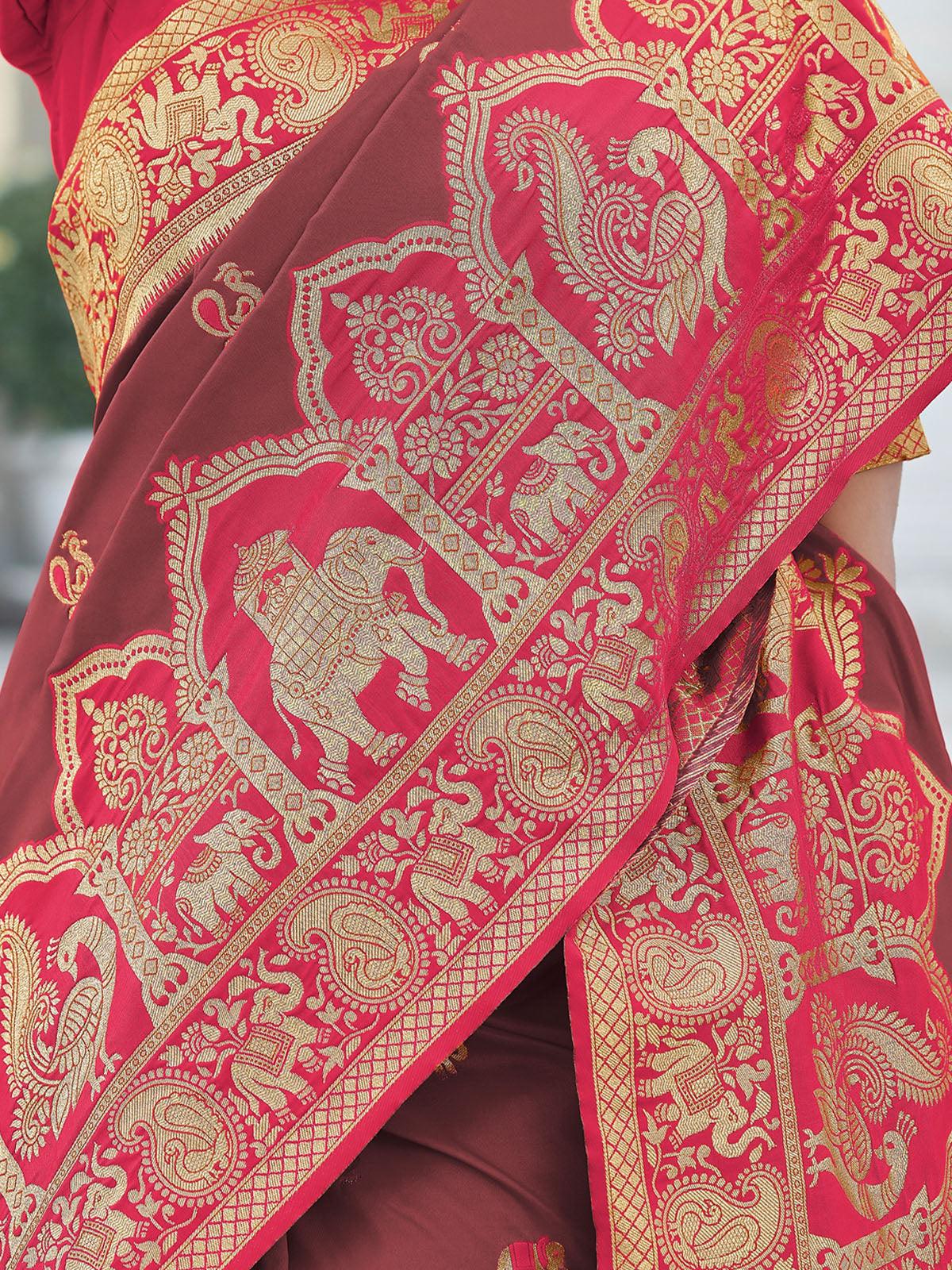 Women's Brown Banarasi Silk Heavy Wevon Jari Designer Saree - Odette